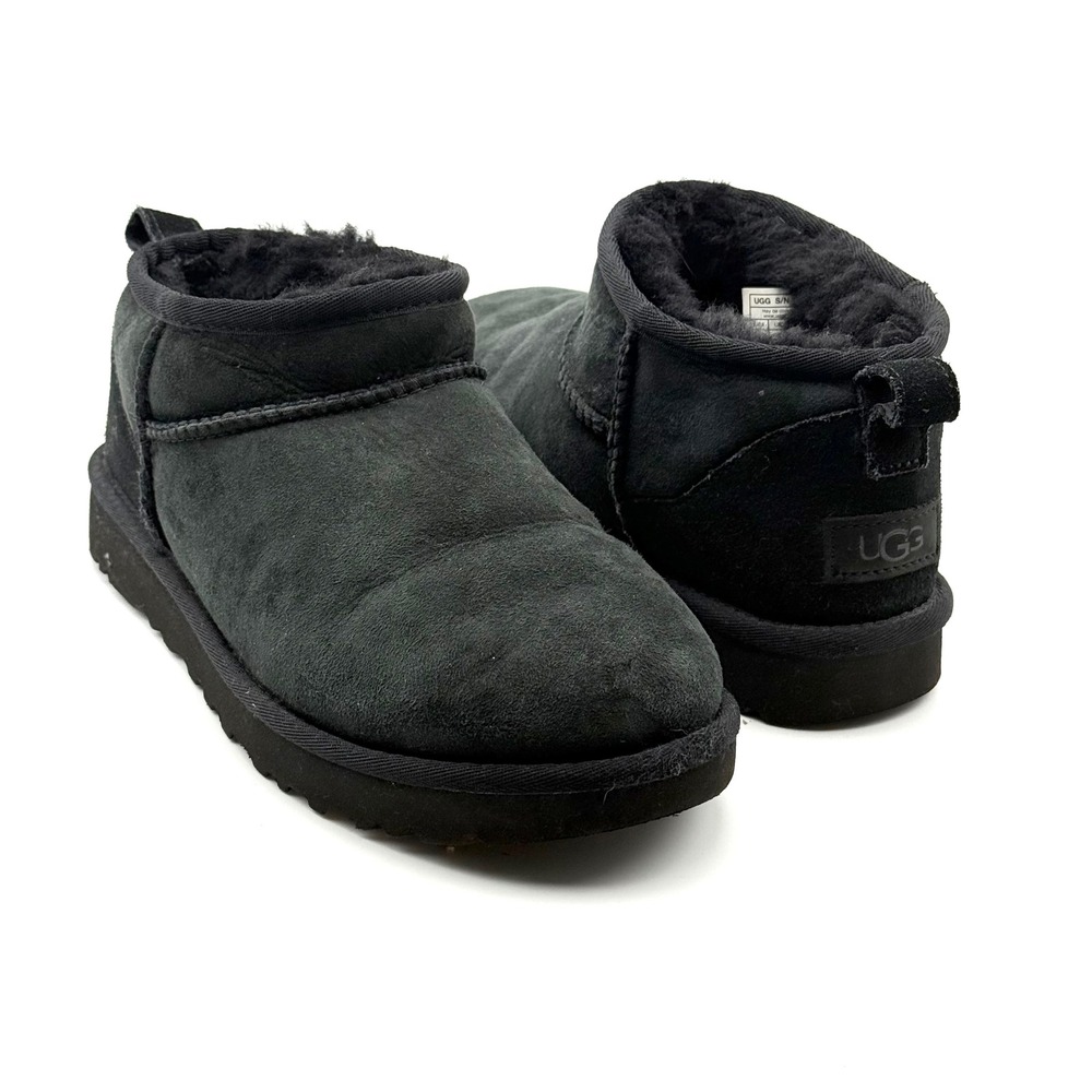 UGG Classic Ultra Mini Suede Shearling Boots Womens 8 Black 1116109